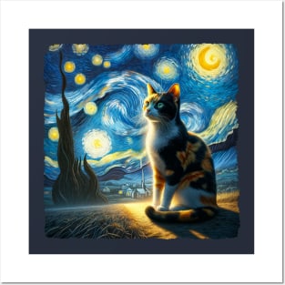 Calico Starry Night Inspired - Artistic Cat Posters and Art